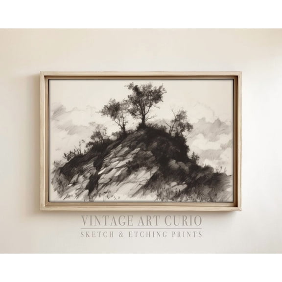 Vintage Landscape Sketch, Moody Country Decor, Xl Art, Vintage Etching Drawing, Vintage Sketch Drawing UNFRAMED Poster, Wall Art for Decor, Present, 8x12