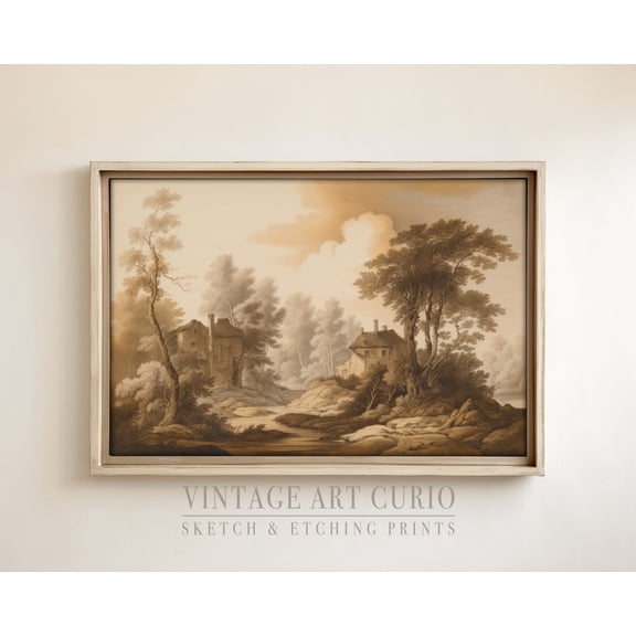 Vintage Landscape Sketch, Rustic Country Farmhouse Decor, XL Art, Vintage Etching Drawing, Vintage Sketch Drawing Unframed Paper Print