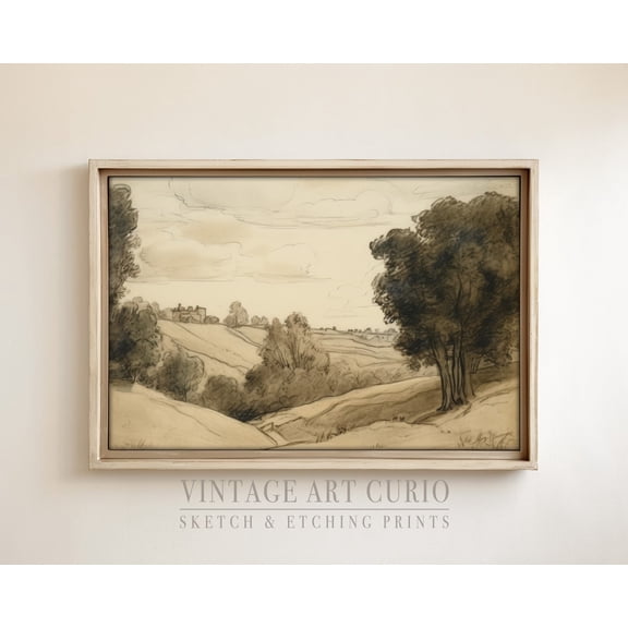 Vintage Landscape Sketch, Rustic Country Farmhouse Decor, XL Art, Vintage Etching Drawing, Vintage Sketch Drawing Unframed Paper Print