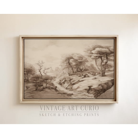 Vintage Landscape Sketch, Rustic Country Farmhouse Decor, XL Art, Vintage Etching Drawing, Vintage Sketch Drawing Unframed Paper Print