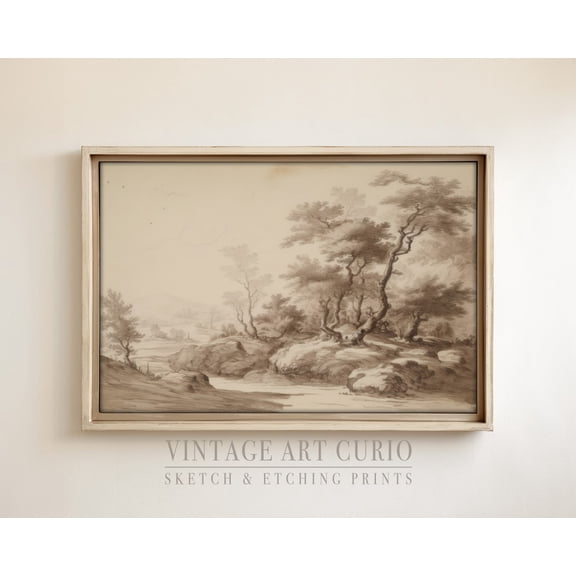 Vintage Landscape Sketch, Rustic Country Farmhouse Decor, XL Art, Vintage Etching Drawing, Vintage Sketch Drawing Unframed Paper Print