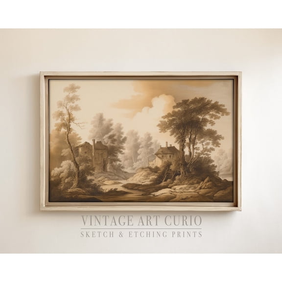 Vintage Landscape Sketch, Rustic Country Farmhouse Decor, Xl Art, Vintage Etching Drawing, Vintage Sketch Drawing Home Decor #3137, 8x12 UNFRAMED