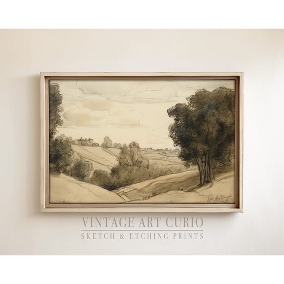 Vintage Landscape Sketch, Rustic Country Farmhouse Decor, Xl Art, Vintage Etching Drawing, Vintage Sketch Drawing Home Decor UNFRAMED Poster, Wall Art for Decor, Present, 8x12