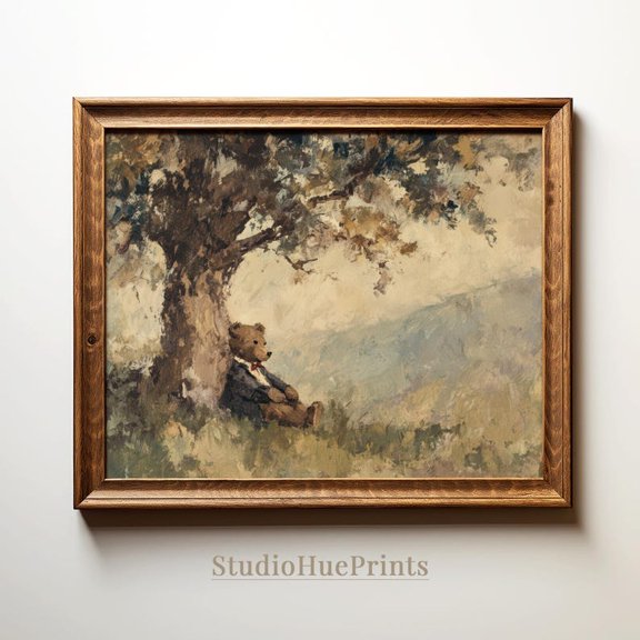Vintage Landscape Teddy Bear Art Print Rustic Storybook Scene 8x12 UNFRAMED