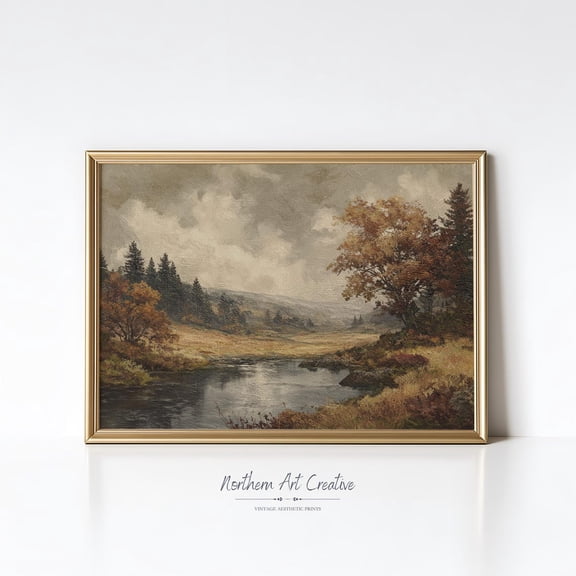 Vintage Landscape Wall Art, Farmhouse River, Cottagecore Decor Fall Landscape Print Moody Autumn Print Able Prints Home Decor #2315, Unframed Canvas Size 8x12