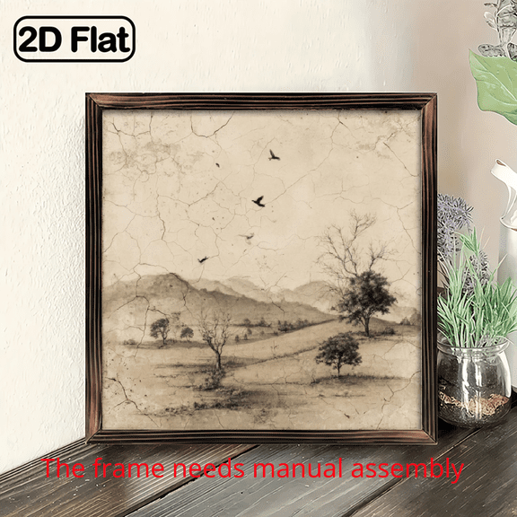 Vintage Landscape Wall Art with Mountains Trees Birds, Rustic Sepia Framed Nature Print for Living Room Bedroom Office, Unique Gift for Family Friends, Manual Assembly Frame Required