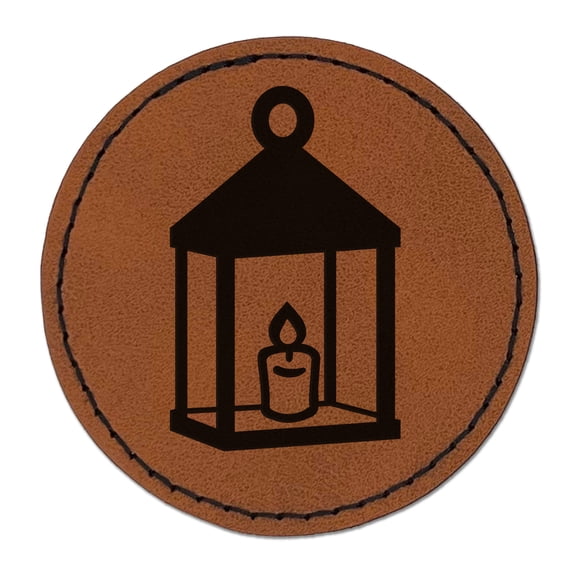 Vintage Lantern Candle with Flame 2.5" Faux Leather Round Engraved Iron-On Patch - Brown