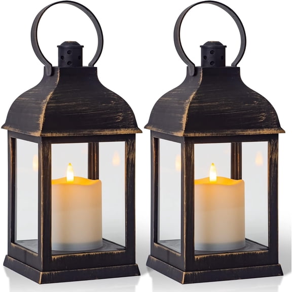Vintage Lantern Decorative LED Flickering Flameless Candle with Timer, Battery Powered LED Decorative Hanging Golden Brushed Black Lanterns for Indoor Outdoor Garden Yard Home Decor