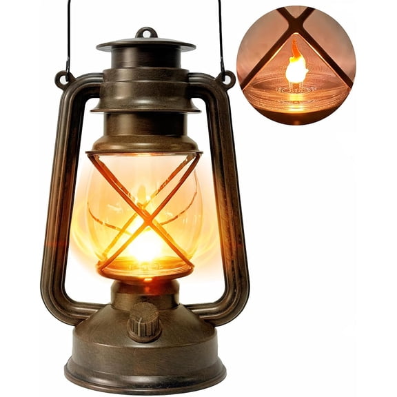 Vintage Lantern LED Outdoor Battery Powered Lanterns with Dancing Flame Wick Waterproof Camping Lamp Non-Solar Hanging Lantern Lights Landscape Decor for Indoor/Outdoor Use- Bronze Color