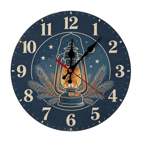 Vintage Lantern Night Scene Farmhouse Style Round Wood Wall Clock, Noiseless Design for Cafe & Classroom Decor