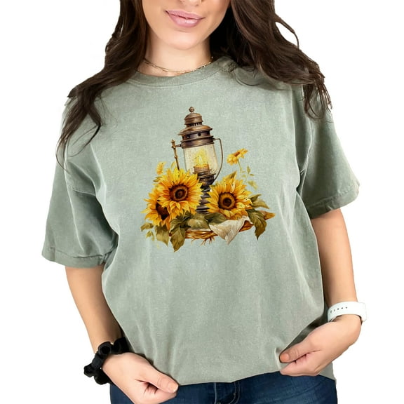 Vintage Lantern with Sunflowers T-Shirt, Rustic Floral Design Tee, Unique Summer Graphic Shirt, Perfect Gift for Nature Lovers, Moss Comfort Colors T-Shirt, XL