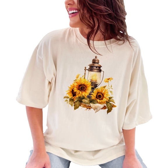 Vintage Lantern and Sunflowers T-Shirt, Rustic Floral Lantern Tee, Cute Sunflower Illustration Shirt, Cozy Autumn Casual Top, Ivory Comfort Colors T-Shirt, XL