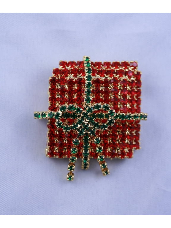 Vintage Large 3D Rhinestone Christmas Gift Box Brooch, Holiday Crystal Present Box Pin, Holiday Jewelry.