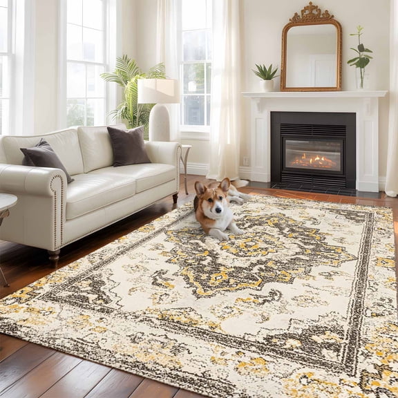 Vintage Large Area Rugs 6x9 ft Abstract Brown Bohemian Farmhouse Tribal Washable Rug Non Slip Indoor Carpet Absorbent Floor Mat for Living Room Bedroom Dining Room