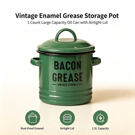 Vintage Large Capacity Enamel Storage Pot with Oil-Preserving Lid, Heavy-Duty Enamelware Container for Oil & Spice Storage (Green)