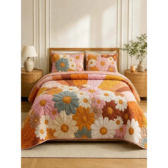 Vintage Large Daisy Floral Warm Tones Patchwork Quilted 3‑Piece Bedding Set