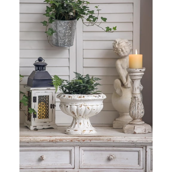 Vintage Large Pedestal Vase 11 Inch Tall Resin Compote Flower Pot Distressed White French Country Home Decor for Indoor Outdoor Porch Garden Planters