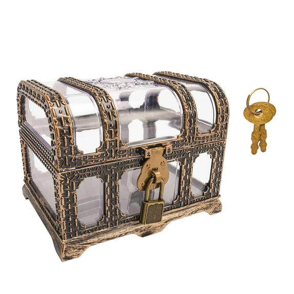 Vintage Large Pirate Treasure Chest with Lock Transparent Pirate Box Treasures Collection Storage Box for Halloween Pirate Themed Cosplay Party Home Decor (Bronze)