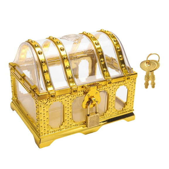Vintage Large Pirate Treasure Chest with Lock Transparent Pirate Box Treasures Collection Storage Box for Halloween Pirate Themed Cosplay Party Home Decor (Gold)