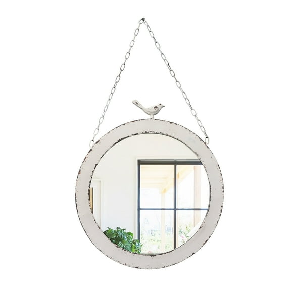 Vintage Large Round Mirrors for Wall Decor 19", Rustic Distressed White Hanging Mirror with Bird and Iron Chain, Farmhouse Metal Circle Wall Mirrors Decorative for Living Room Vanity Bedroom Entryway
