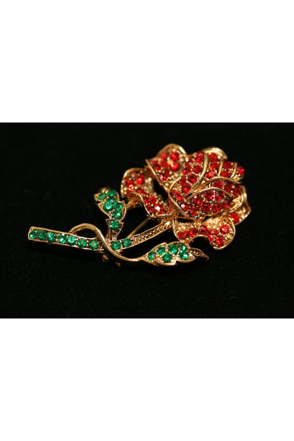 Vintage Large Ruby Garnet Olivine Rhinestone Rose Pin Brooch Jewelry, Fashion Valentine's Day Roses Pin