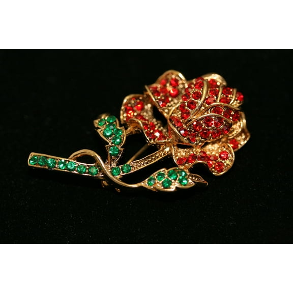 Vintage Large Ruby Garnet Olivine Rhinestone Rose Pin Brooch Jewelry, Fashion Valentine's Day Roses Pin