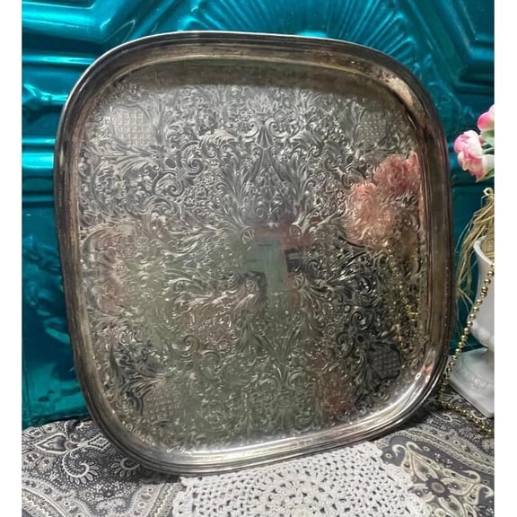 Vintage Large Serving Tray, Square Etched Silver Plated Tray, Rounded Corners Platter, 16 "W x 2 "H x 16 "D, Mid Centruy Modern Decoration for Livingroom Bedroom Diningroom Bathroom