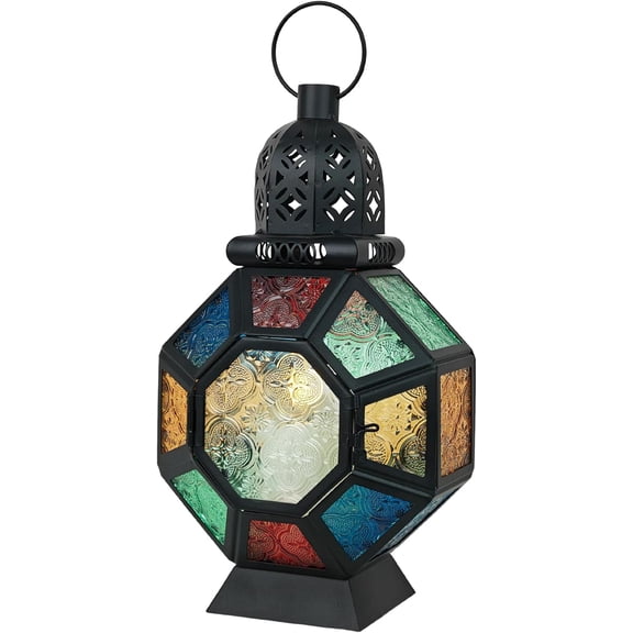 Vintage Large Size Decorative Ramadan Candle Lantern, 12 Metal Hanging&Tabletop Moroccan Stained Glass Lantern Candle Holder Decor, Decorations for Home Indoor Outdoor Patio (Colorful)