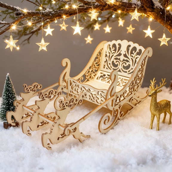 Vintage Laser Cut Wooden Reindeer Sleigh Table Centerpiece, 3D Assemble Natural Wood Christmas Sled Decor, Rustic Xmas Tabletop Ornament for Holiday Dinner Party Mantel Shelf Decor