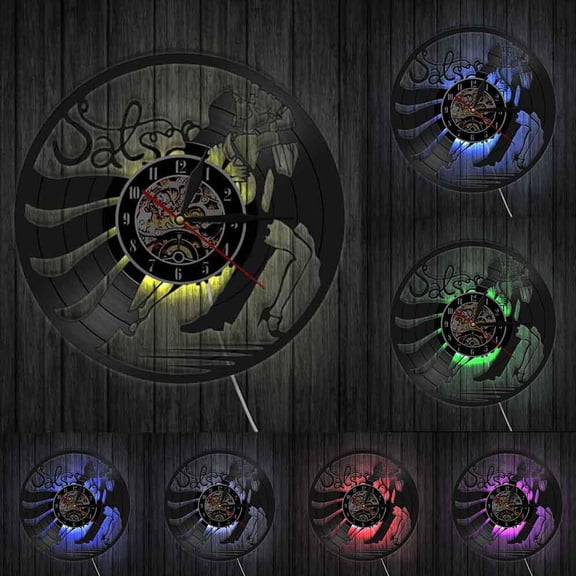 Vintage Latin Salsa Dance Wall Art Clock Dancing Couple Silhouette Vinyl Record Wall Clock Latin Ballroom Dance Studio Wall Lamp
