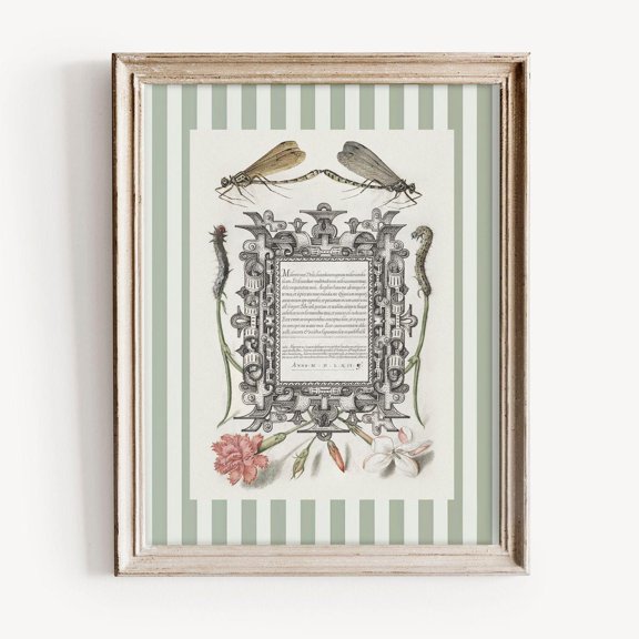 Vintage Latin Script Wall Art Print, Sage Striped Manuscript Decor
