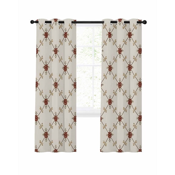 Vintage Lattice Blackout Curtains for Bedroom Living Room, Rustic French Country Floral Beige Red Flower 45 In Long Thermal Insulated Room Darkening Drapes Grommet Window Treatments, 42 x 45 In