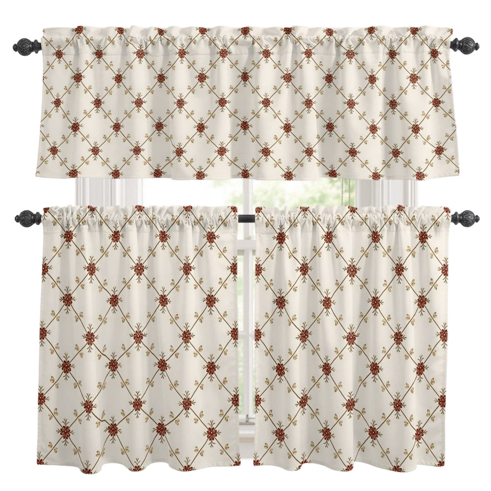 Vintage Lattice Kitchen Curtains Set for Windows, Rustic French Country ...