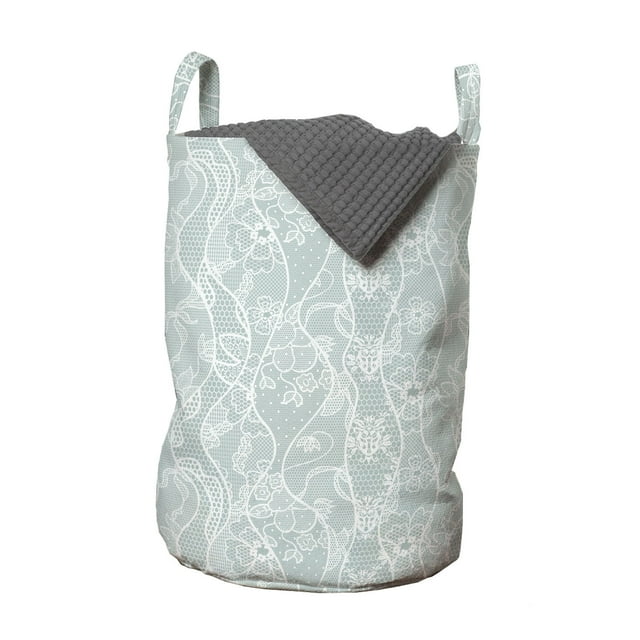 Vintage Laundry Bag, Lace Pattern Backdrop with Floral Composition Victorian Inspirations Wedding, Basket with Handles Drawstring Closure for Laundromats, 13" x 19", Seafoam and White, by Ambesonne