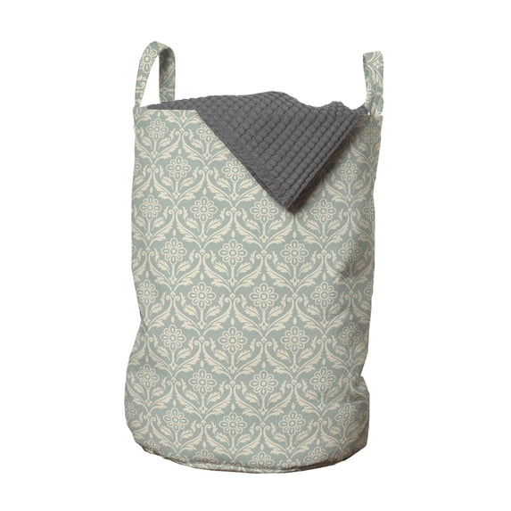 Vintage Laundry Bag, Rhythmic Print of Flower Nostalgic Elements Damask Style Illustration, Basket with Handles Drawstring Closure for Laundromats, 13" x 19", Dark Sea Green Champagne, by Ambesonne