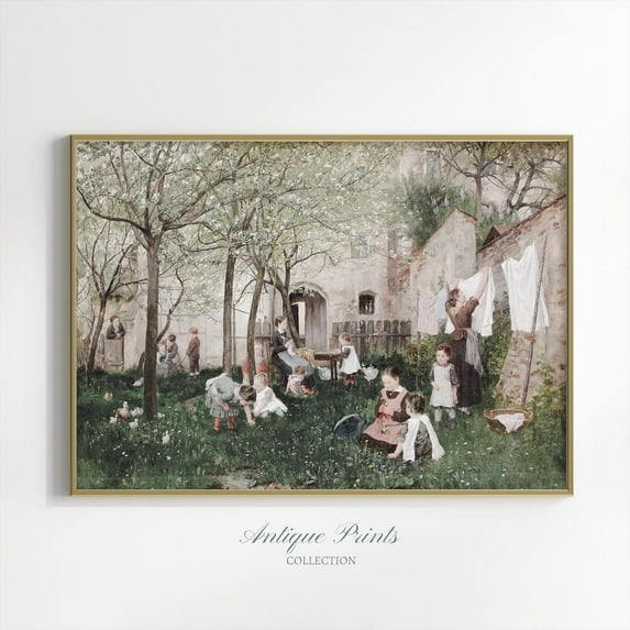 Vintage Laundry Scene Print, French Country Wall Art, Antique Farmhouse Print, Laundry Room Wall Decor, Children Print, Home Decor #289, 24x36 UNFRAMED