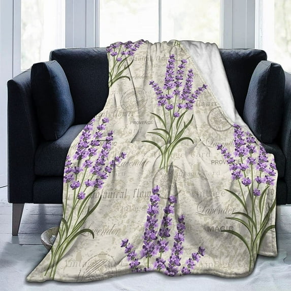 Vintage Lavender Floral Flowers Throw Blanket Ultra Soft Warm All Season Decorative Fleece Blankets for Bed Chair Car Sofa Couch Bedroom 50"X40"