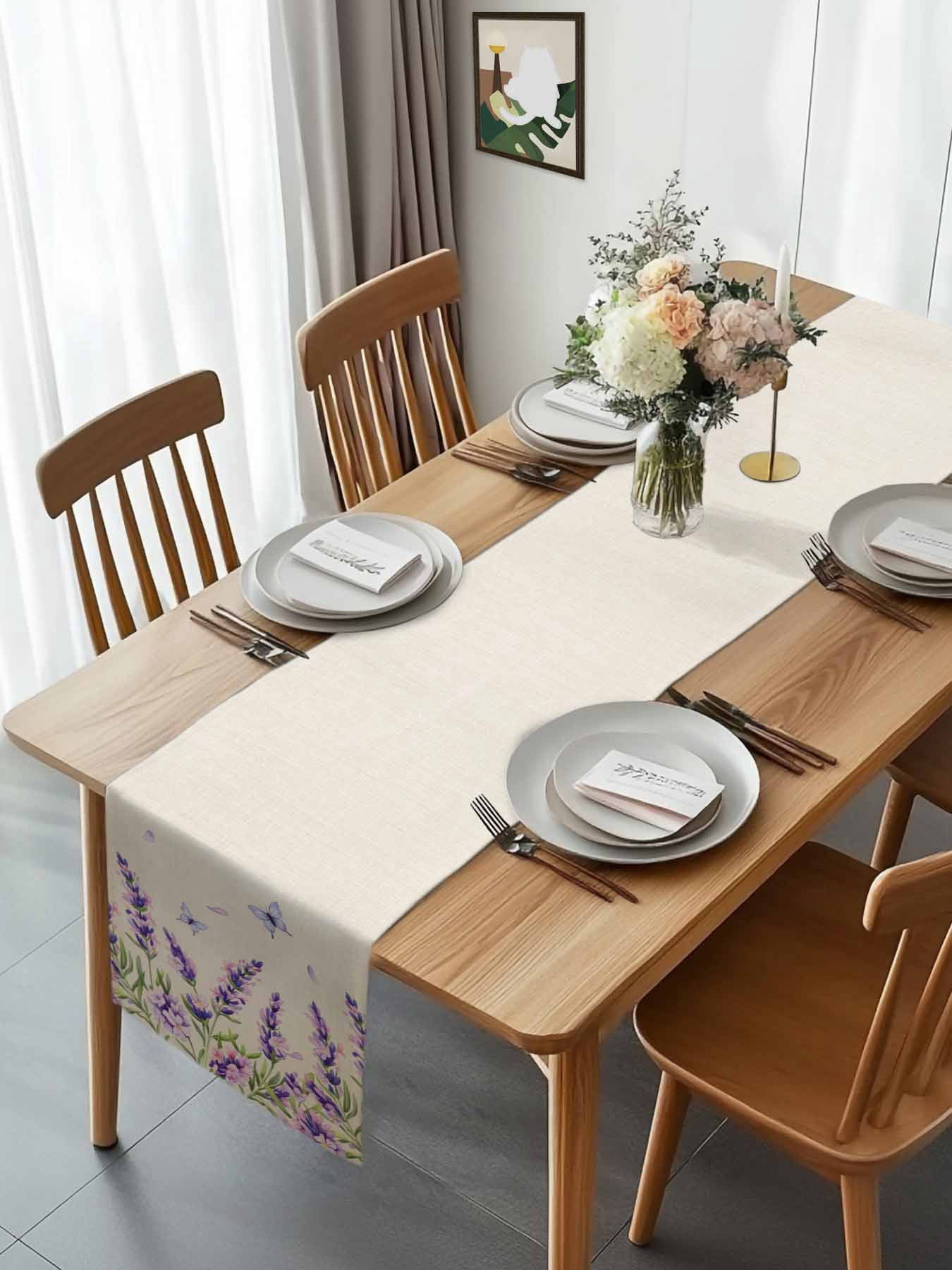 Vintage Lavender on Linen Table Runner 90 Inches Long, Country Floral Art Table Runners Tabletop Scarf Kitchen Dining Tables Decoration for Home Party Indoor Outdoor