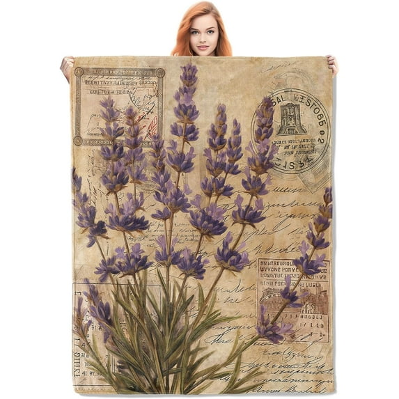 Vintage Lavender Postcard Blanket, Purple Floral Flannel Throw Blankets,Soft Warm Lightweight Cozy Plush Throws for Bedroom Sofa Office Home Decor Gifts for Women Girls 50"x40"
