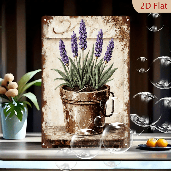 Vintage Lavender in Rustic Metal Bucket Wall Art, 8x12 Inches Shabby Chic Farmhouse Decor with Distressed Wood Background and French Country Style for Home Living Room