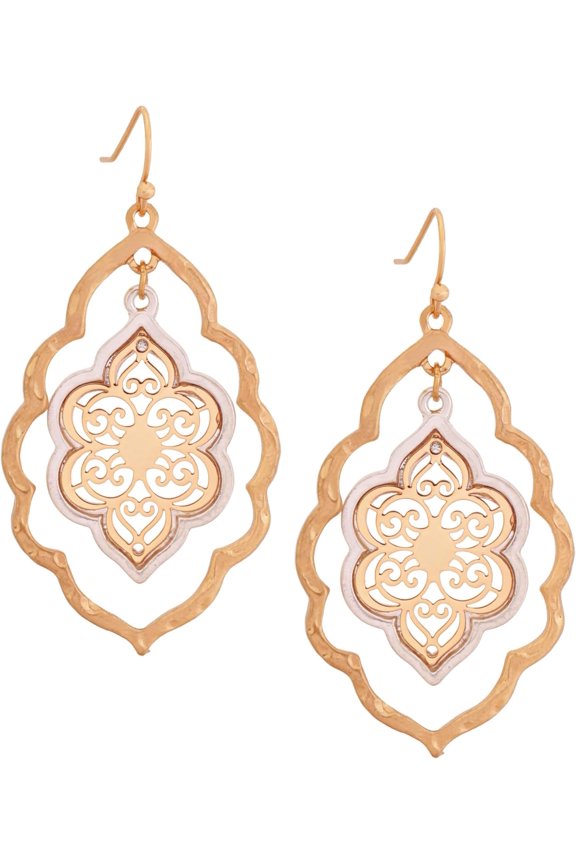 Vintage Layered Cutout Nature Floral Flower Dangle Drop Earrings, Vintage Fashion Statement Jewelry Gift for Women (1)