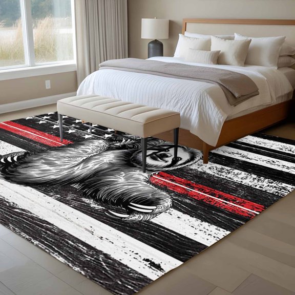 Vintage Lazy 6x9 Rug for Dining Room Table and Chair Setup, Simple Animal Portraits Red Black White U.S. Flag Low Pile Washable Non Slip Rectangle Area Rug