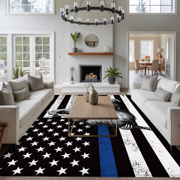 Vintage Lazy 8x10 Area Rug for Living Room Sectional Sofa, Simple Animal Portraits Blue Black White U.S. Flag Washable Non Slip Large Rectangle Area Rug