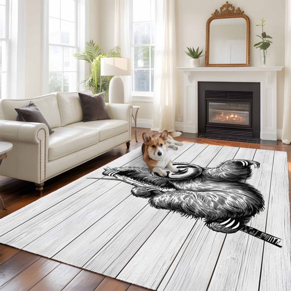 Vintage Lazy Large Area Rugs 5x8 ft Black Simple Animals Portraits White Wood Grain Washable Rug Non Slip Indoor Carpet Absorbent Floor Mat for Living Room Bedroom Dining Room