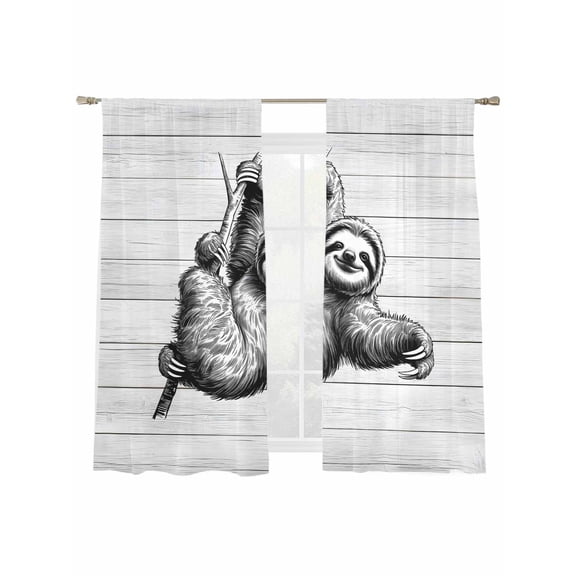 Vintage Lazy Sheer Curtains 2 Panels Set Black Simple Animals Portraits White Wood Grain Sheer Window Curtains Light Filtering Rod Pocket Voile Drapes for Bedroom Living Room 52"x63"