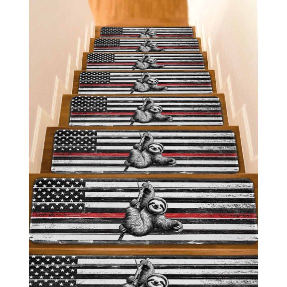 Vintage Lazy Stair Treads Simple Animal Portraits Red Black White U.S. Flag Indoor Non Slip Peel and Stick Stair Treads for Wooden Steps 15 PCS, Soft Adhesive Staircase Mats Runner Rugs 8"x30"