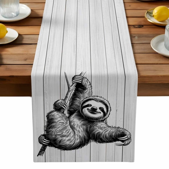 Vintage Lazy Table Runner, Black Simple Animals Portraits White Wood Grain Washable Kitchen Table Runners Dress Scarves for Dining Table Decorations Party, 13x36in