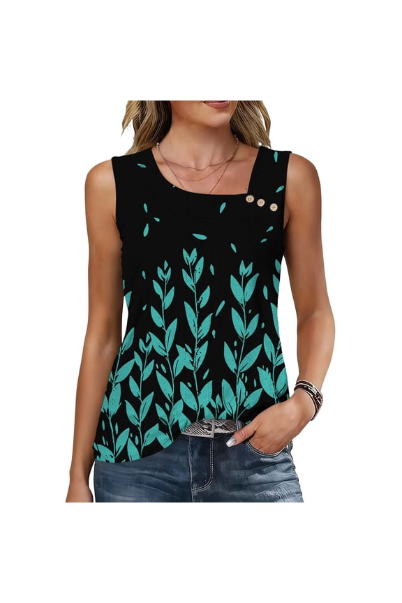 Vintage Leaf Graphic Tank Top for Women Sleeveless Square Neck Side Button Trim Loose Fit Breathable Summer Sleeveless Shirt For Daily Wear