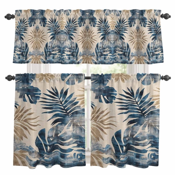 Vintage Leaf Kitchen Curtains Valances and Tiers Set of 3 Blue Brown Tropical Plants Linen Texture Tier Curtains and Valance with Rod Pocket for Small Windows, 27.5"x24"