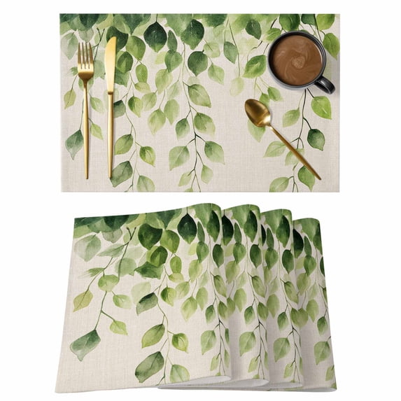 Vintage Leaf Placemats Set of 2, Watercolor Green Eucalyptus Leaves Linen Texture Non-Slip Place Mats Washable Table Mats for Kitchen Dining Table Decorations Indoor/Outdoor